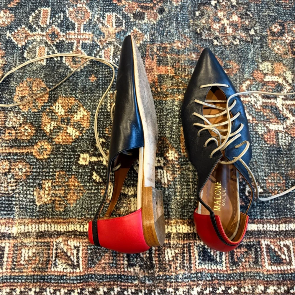 Malone Souliers Black and Red Flats with Gold Accents - Picture 2 of 4